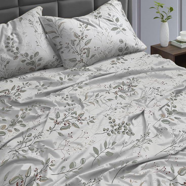 Ocra Cotton Bedsheet Set, Olivia Botanical Leaf, 3 Piece, Bedsheet with 2 Pillow Cases, 200x200 cm (3, Double 220x240, Flat Bedsheet)