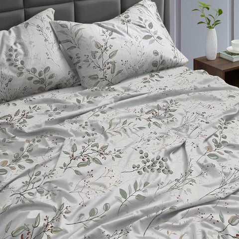 Ocra Cotton Bedsheet Set, Olivia Botanical Leaf, 3 Piece, Bedsheet with 2 Pillow Cases, 200x200 cm (3, Double 220x240, Flat Bedsheet)