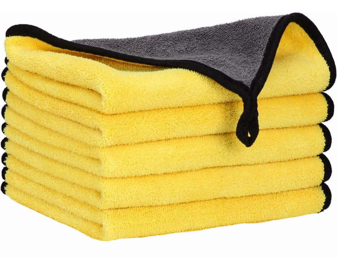 Yasmous 5Pcs Microfibre Car Cleaning Cloths, Yellow Gray Two-Layer Thickened Drying Towel, Soft Lint Free, Professional Car Care Cloth, 40*30cm