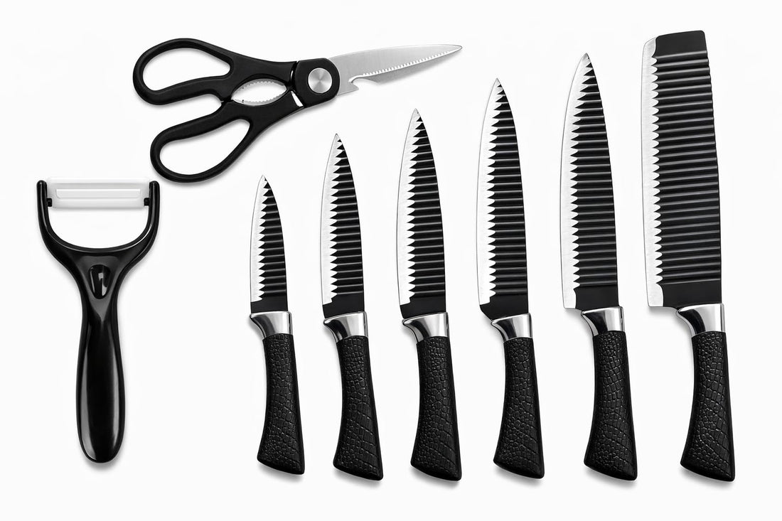6PCS Kitchen Knife Set – Stainless Steel Chef Knife, Cleaver, Utility Knives, Vegetable Peeler & Kitchen Scissors with Ergonomic Handles and Storage Box for Cooking & Food Prep