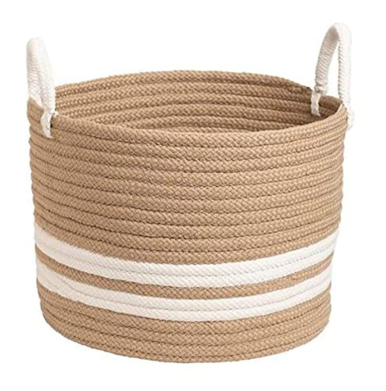 GRATIFY HOME Cotton Large Planter Basket for Storage, Clothes, Kitchen (1 Piece with Handle, Beige-White, 35x30 cm)-Round Woven Handcrafted Basket for Bedroom, Living Room, Wardrobe, Toys, Picnic