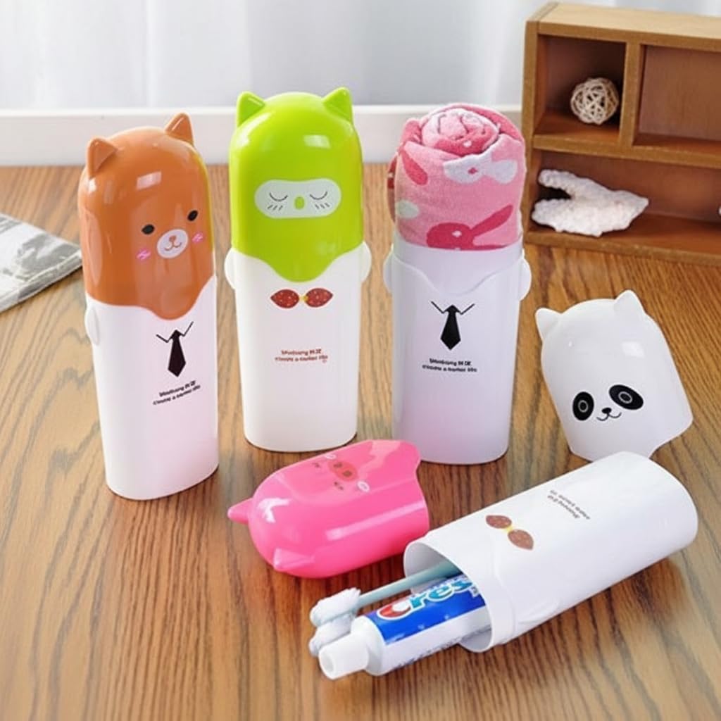 Cute Cartoon 2 in 1 Travel Toothbrush and Toothpaste Case - Toiletry Organizer for Trips, School, Gym.