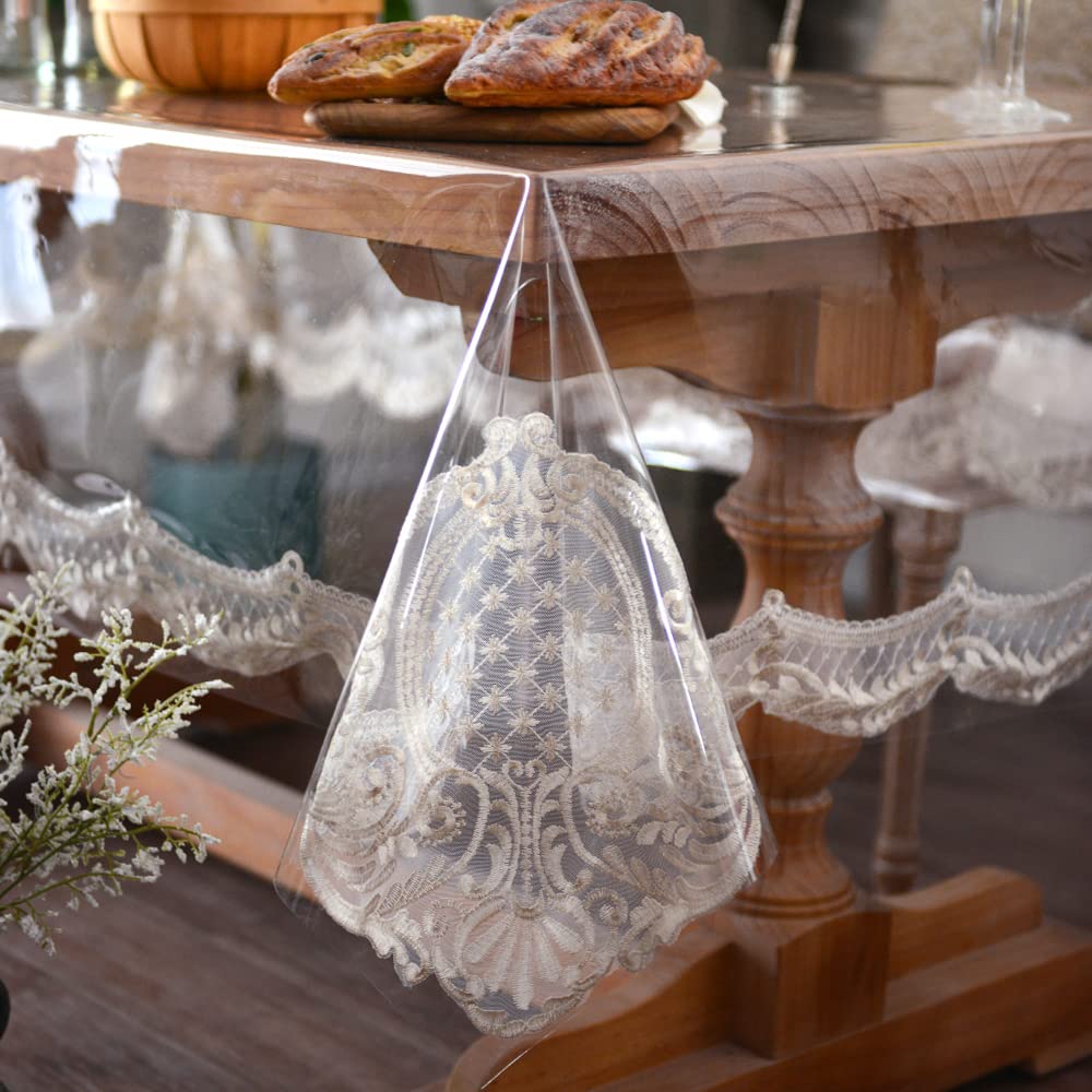 ARTABLE Vinyl PVC Rectangle Tablecloth Waterproof Clear Table Cover with Champagne Lace Macrame Border for Wedding Kitchen Home Outdoor Indoor Holidays Party Decor (Stone, 60 x 104 Inch)
