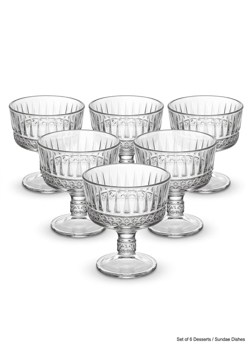 Fullora Clear Glass Ice Cream Dessert Serving Plates Set, 6 Pieces, Classical Elegant Design