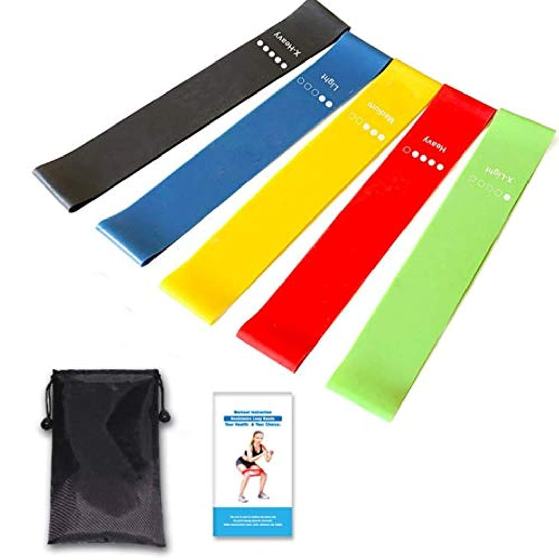 Resistance Loop Exercise Bands Fitness Stretch Bands, Yoga Straps with workout Instruction Guide and Carry Bag, Set of 5