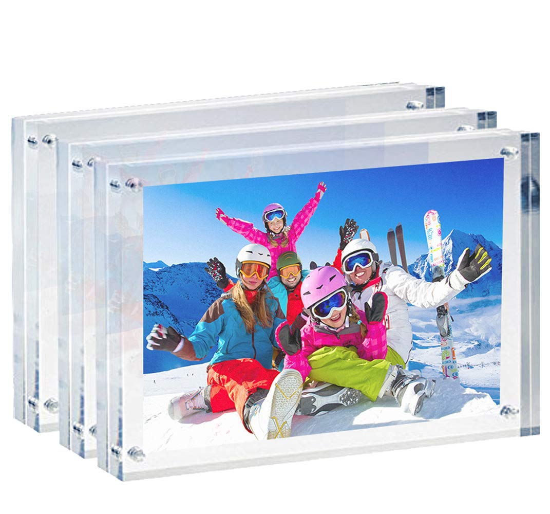 BEST MEDIA 3-Pack Acrylic 5x7 Picture Frames, Double-Sided Magnetic Photo Display Stand for Desktop, Frameless Clear Frames for Family Wedding Baby Shower Photos, Freestanding Acrylic Block Frame