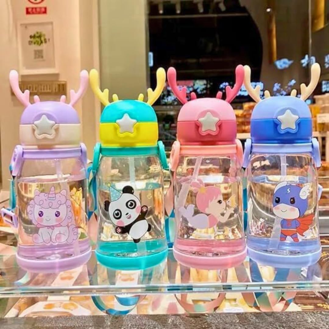Water Bottle Horn Shape with Cartoon Character (600ml), BPA-Free, Anti-Leak Water Bottle with Straw, Strap, and Cartoon Stickers, Lightweight and Durable for School or Travel (Purple Unicorn)