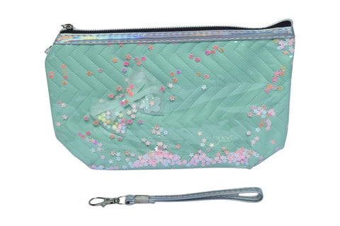 Bow Embroidered Cosmetic Case With Handle - Green
