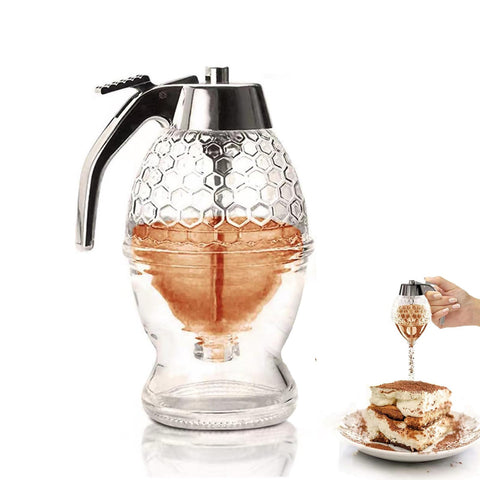 Glass Honey Dispenser, No Drip Honey Jar with Stand and Stainless Steel Lid, 8 oz Mess Free Honey Container for Tea, Pancakes, Baking, Maple Syrup