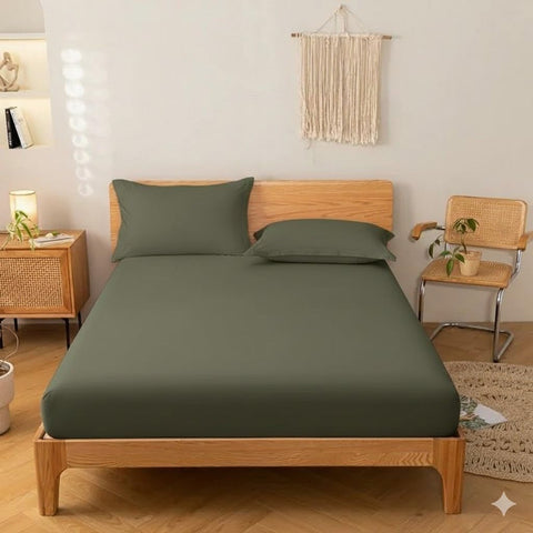 Khoyot Hotel-style plain cotton fitted sheet set - 4 pieces (1 sheet - 1 pillow - 2 pillowcases) - Size (140cmx200cmx30cm) - Olive