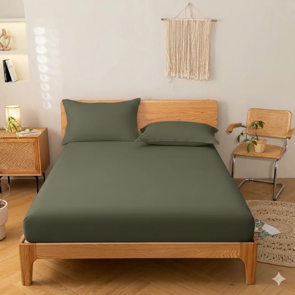 Khoyot Fitted sheet set plain cotton - 3 pieces (1 sheet - 1 pillow - 1 cushion) - Size (100cmx200cmx30cm) - Olive