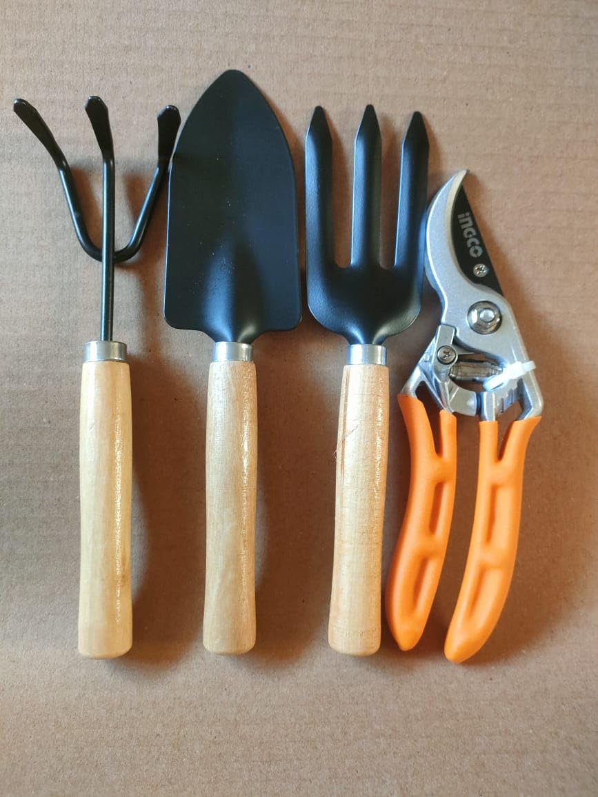 Garden Tool Set, 4 Pieces Shovel Pitchfork with Wooden Handles Orange Pruning Shears Professional Gardening Tools
