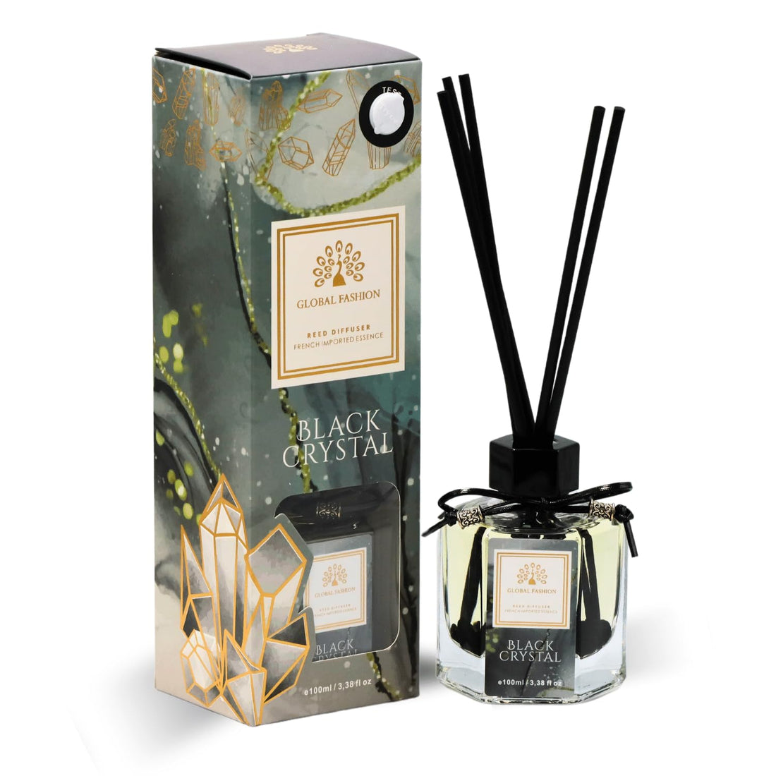 Global Fashion Reed Diffuser 100ml - Natural Rattan Sticks, Long-Lasting Fragrance Oil for Bedroom, Bathroom, Living Room, Office, and Home Décor (Black Crystal)
