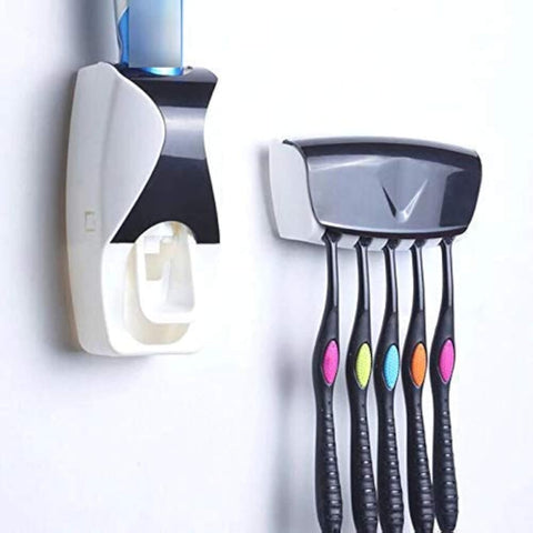 KITCHENWARE ZONE Plastic Automatic Hands-Free Wall Mounted Toothpaste Dispenser Squeezer with Detachable 5 Hole Toothbrush Holder (Multi)