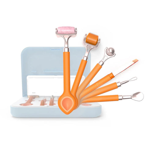 6 in 1 Ice Face Eye Massager Kit with Derma Roller and Jade Roller, Metal Roller for Reduce Puffiness, Blackhead Remover Tool, Precision Tweezer and Cream Spoon for Complete Skin Care