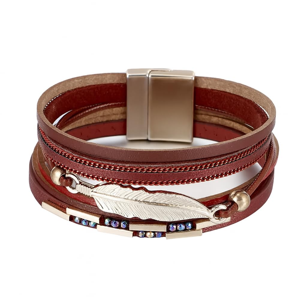 THE PACK | Handmade Braided Leather Bracelet, 23 cm, Magnetic Clasp, Unisex Wristband with Feather Design, Brown