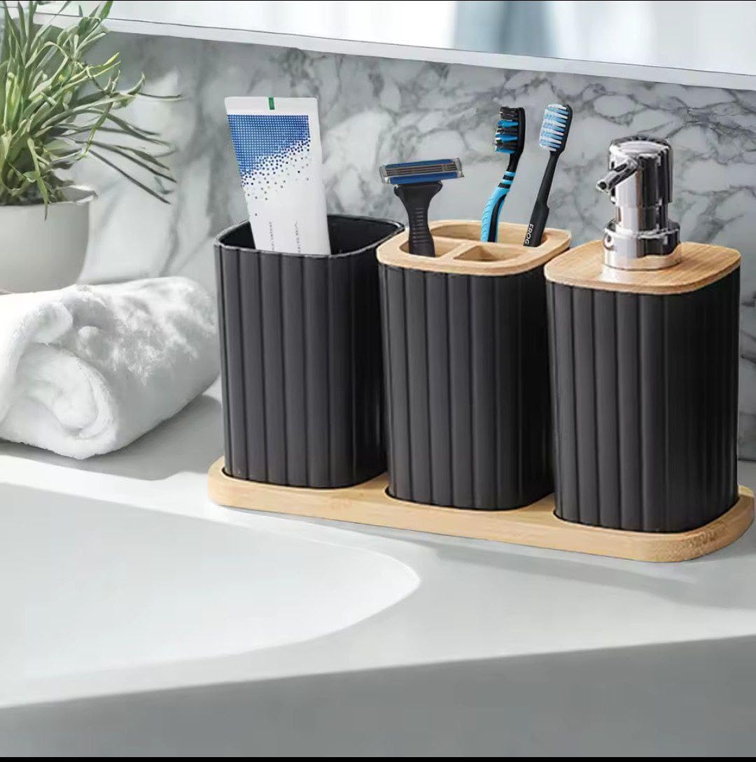 4-Piece Bathroom Accessory Set, Black, Acrylic with Bamboo Tray, Soap Dispenser, Toothbrush Holder and Storage Cup, .smk