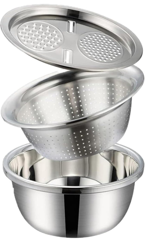 Downtown 3-in-1 Stainless Steel Drain Basket and Vegetable Chopper Set, 26cm Salad Wash Bowl and Grater, Multi-Functional Kitchen Basin for Rinsing, Shredding and Preparing Food