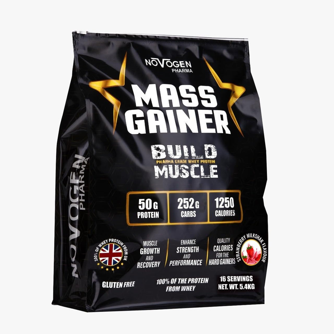 Novogen Mass Gainer Protein Powder, 5.40 kg, 50g Protein, 252g Carbs, Strawberry Milkshake, 16 Servings