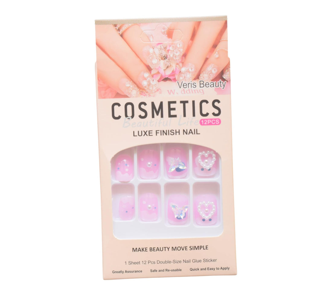 Daphne Plastic Press On Nails Set With Square & Pearl Design For Girls, 12 Pieces - Baby Pink