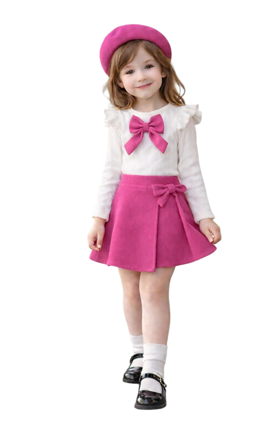 Miza Girls Set 3 Pieces - Basic Rib Cotton Blouse + Imported Crepe Scuba Skirt + Beret Hat