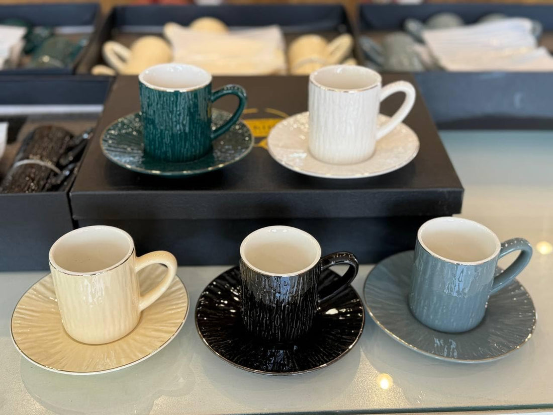 12 Piece Premium Porcelain Coffee Set with 6 Cups and 6 Plates Modern Stone Design for Hospitality and Events in Five Attractive Colors