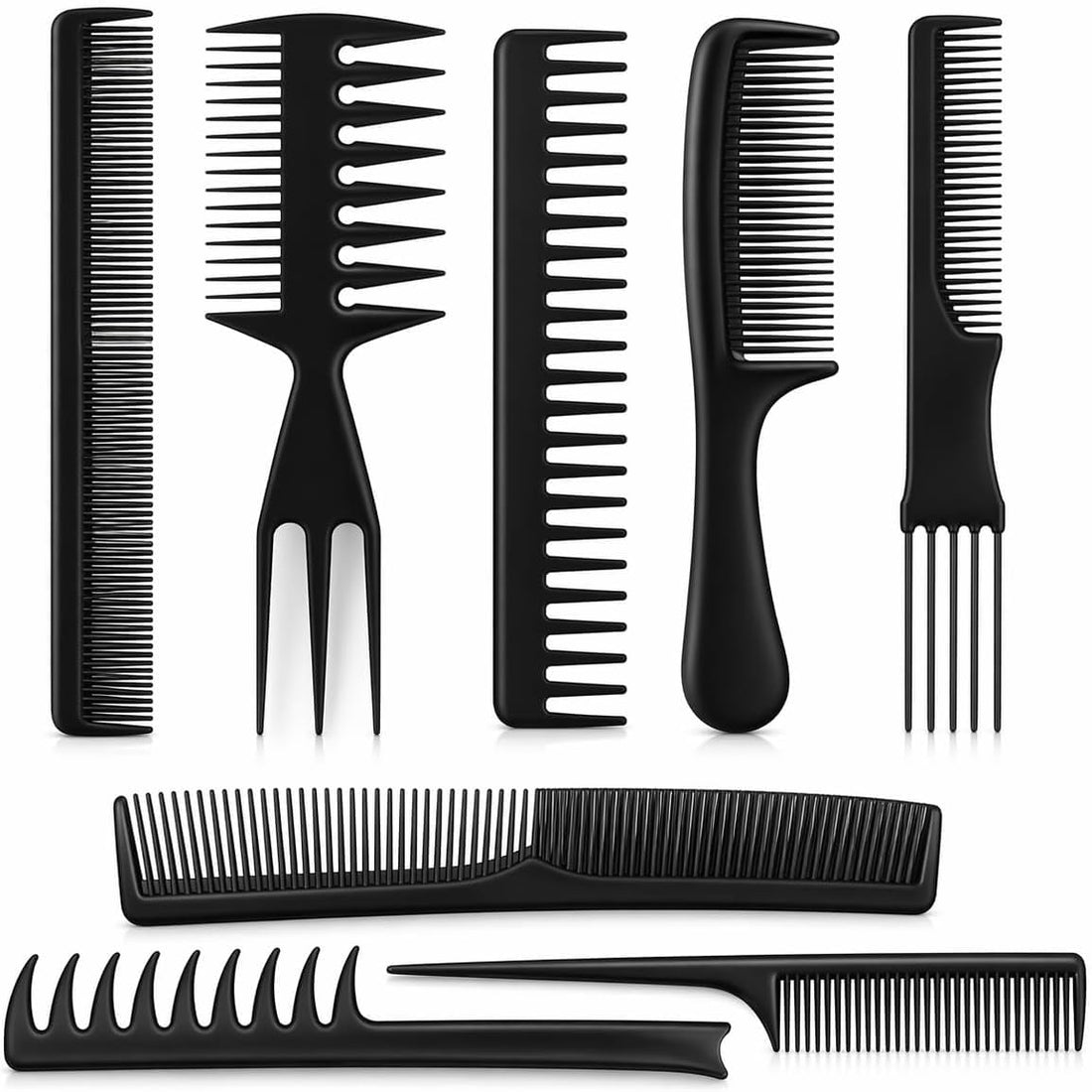 8-Piece Hair Comb Set for Styling, Cutting & Detangling, Professional Multipurpose Comb Kit with Wide Tooth, Fine Tooth, Tail Comb & Sectioning Tools for Salon or Home Use (Black)