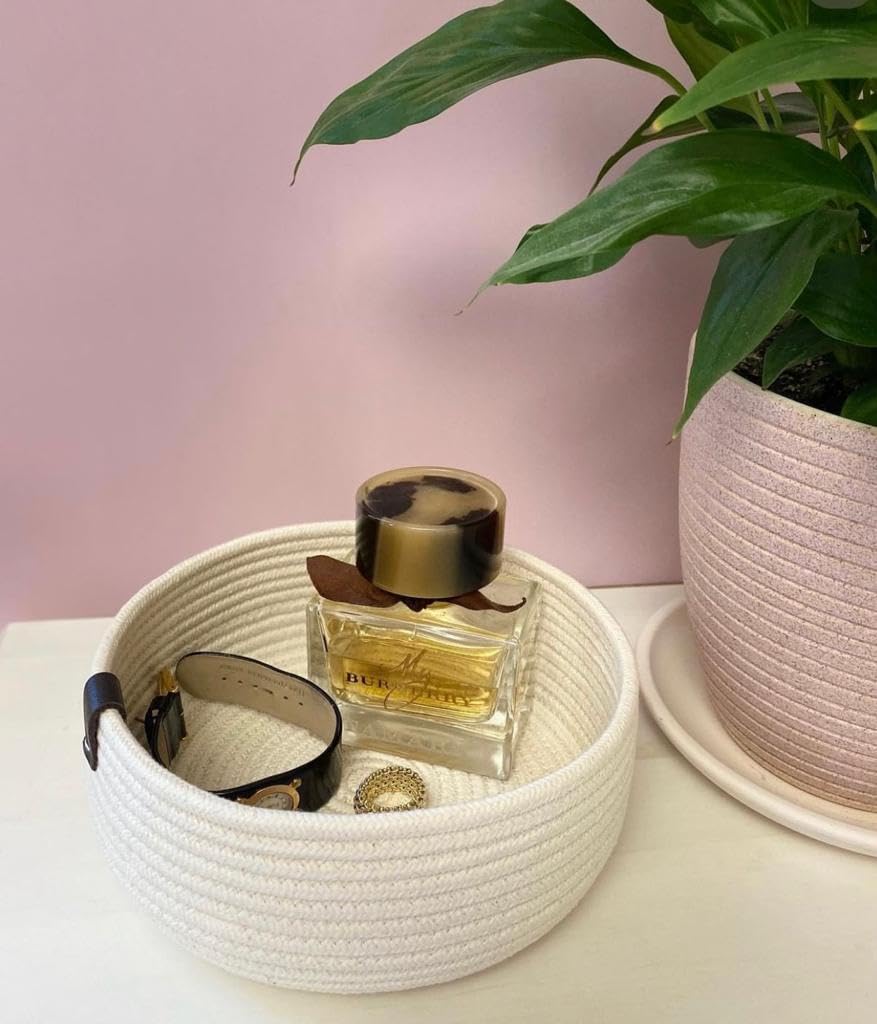 Woven It -Handmade White Cotton Basket Organizer, 20cm x 7cm can be used in Kitchen, toilet, living room, dining room, kids room, bed room, indoor & outdoor.