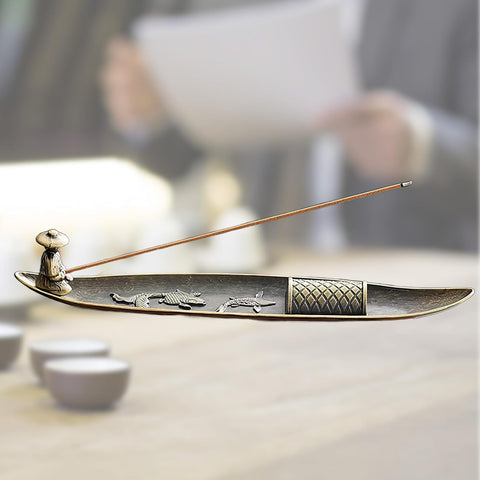 Metal Incense Burner Traditional Fisherman Boat Shape Incense Holder Decorative Fish Engraved Wood Base Carved 22cm for Home Decoration Meditation