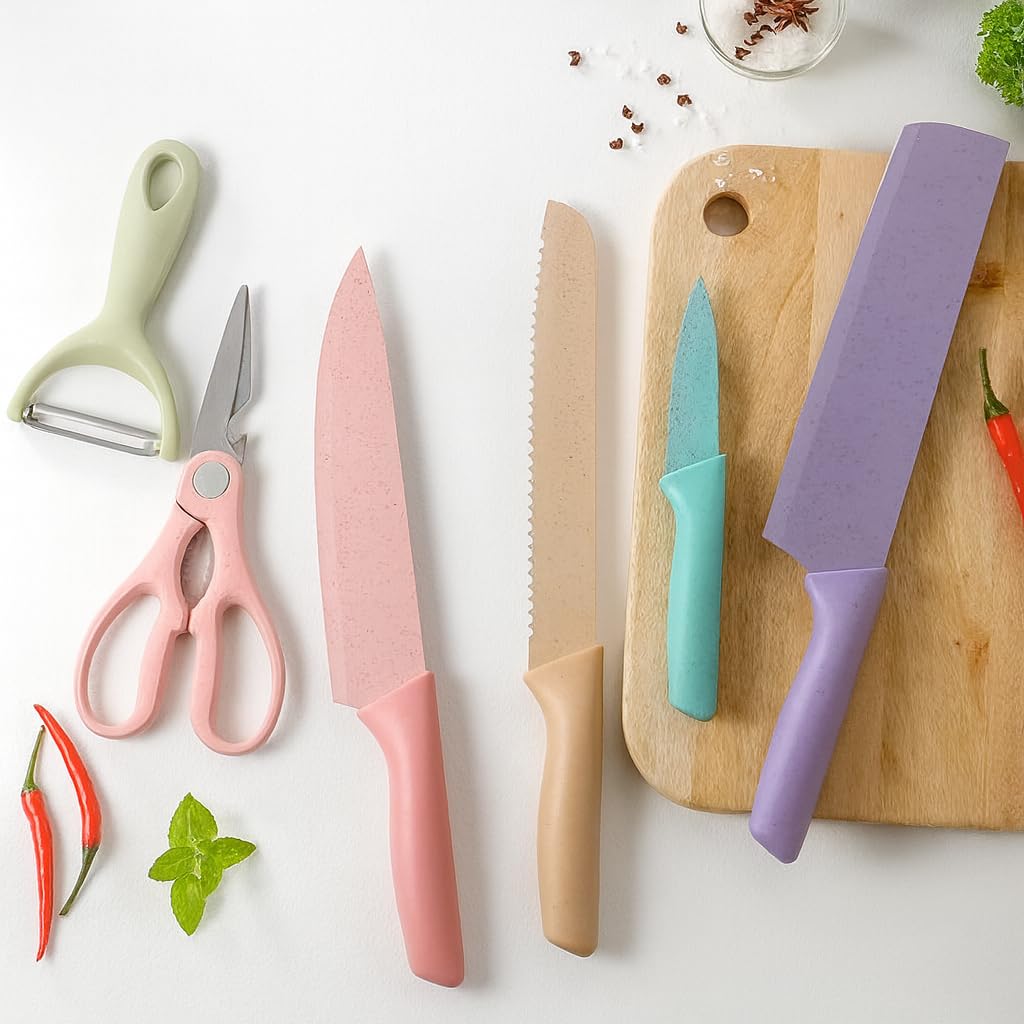 6 PCS Kitchen Knife Set – Sharp Stainless Steel Knives with Peeler & Scissors, Non-Stick Coating, Easy Grip Handles, Colorful Cooking Set for Home Use
