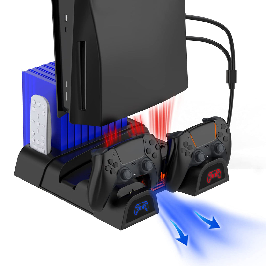 NexiGo PS5 Accessories Stand with LED Lighting Cooling Fans and Dual Controller Charger Station for PlayStation 5 Console, Upgraded Multifunctional Stand with Charging Dock, 10 Game Slots, Black