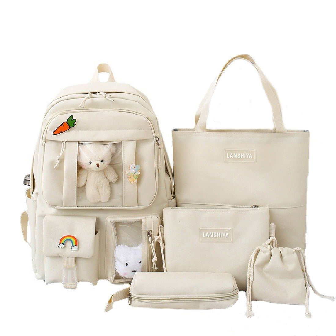 Kawaii Backpack 5Pcs Set for Student with Cute Bear Accessories - School Bags for Teen Girls Back to School Supplies Essentials Aesthetic Bookbag, A White