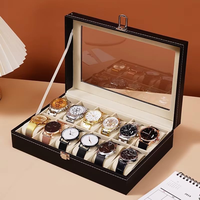 Portable Leather Watch Organizer Case, Watch Jewelry Storage Box, Travel Case for 12 Wrist Watches, Black