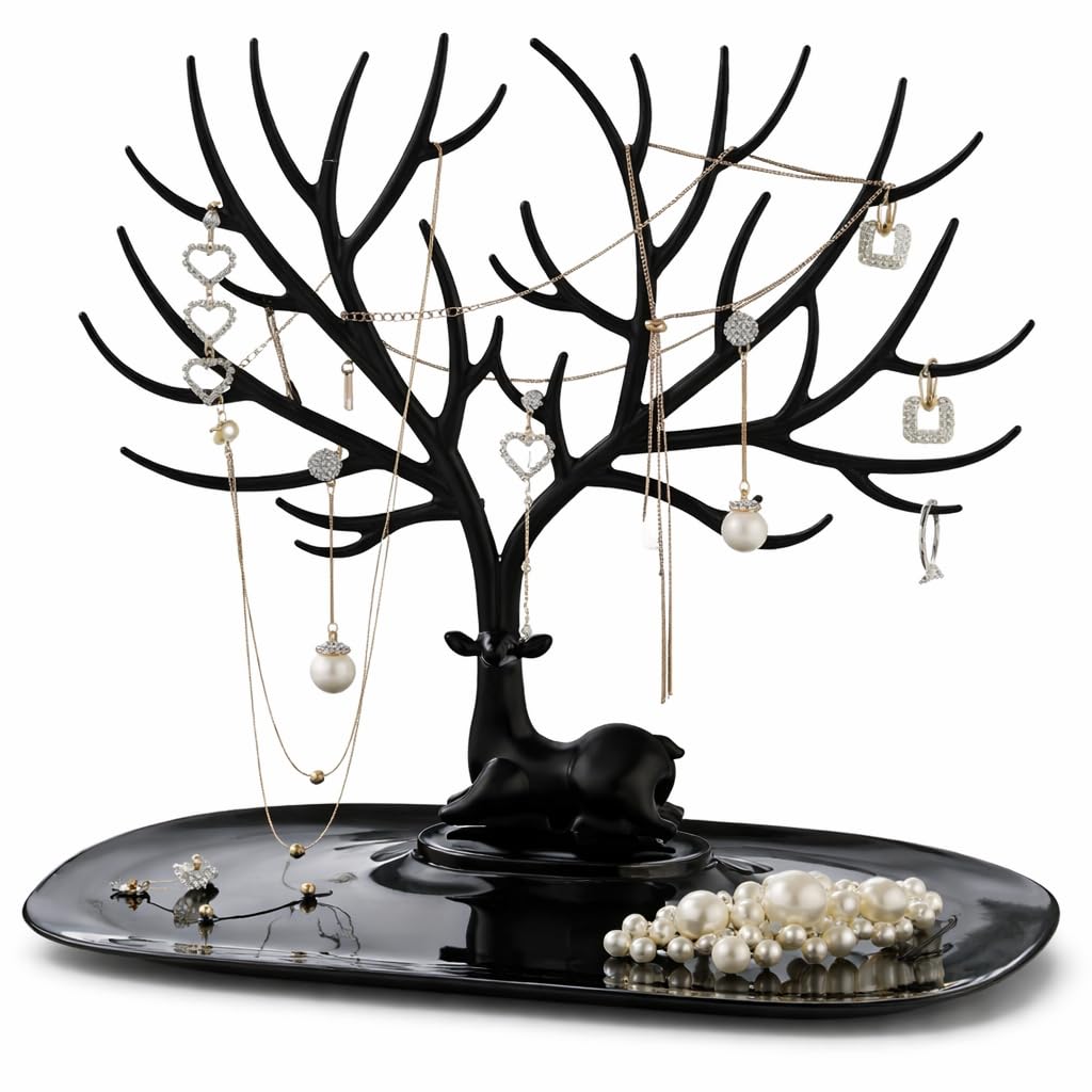 OVA Jewelry Organizer Stand – Tree Shape Display Rack for Earrings, Necklaces, Bracelets, Watches, Keys and Small Accessories, Black