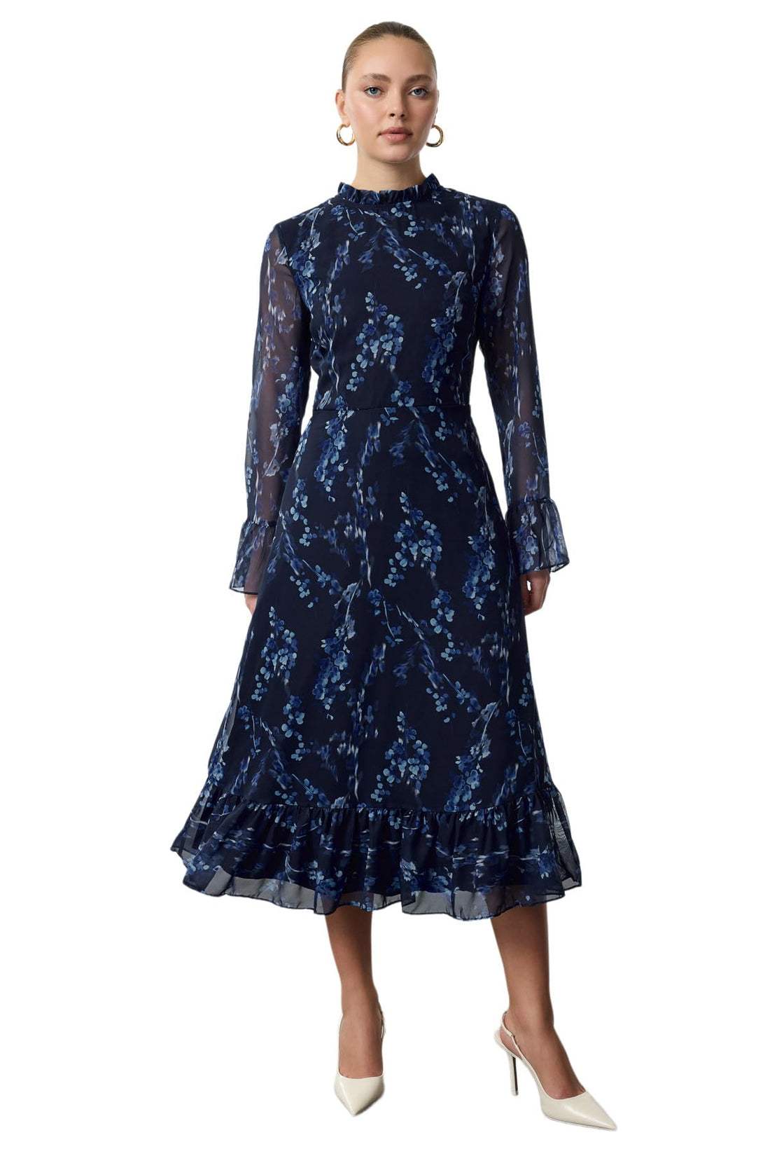 Trendyol Women Patterned A-Line Stand Collar Midi Lined Chiffon Woven Winter Dress TWOAW25EL00173 Dress