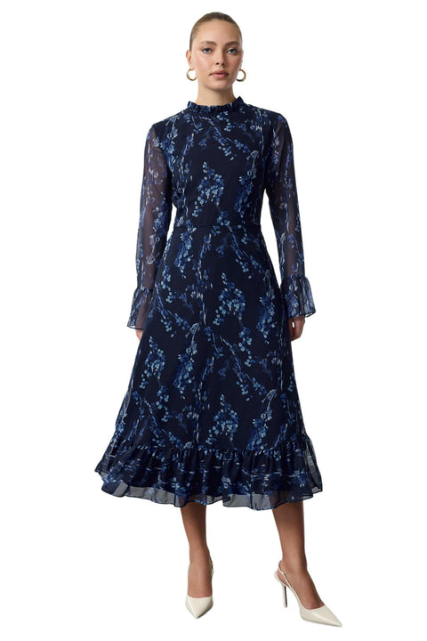 Trendyol Women Patterned A-Line Stand Collar Midi Lined Chiffon Woven Winter Dress TWOAW25EL00173 Dress