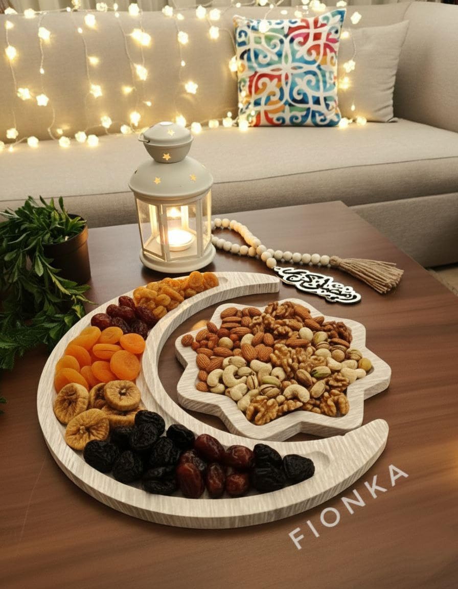 FIONKA Crescent and Star Wooden Serving Plate, Nut and Dried Fruit Serving Tray, Ramadan Decor
