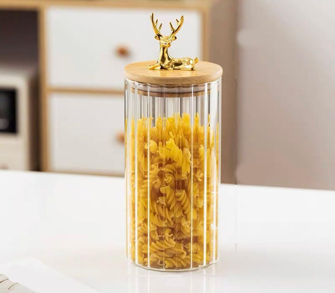 Corrugated Glass Jar with Wooden Lid - Deer Sealed Grain Storage Tea Jar - 1100ml