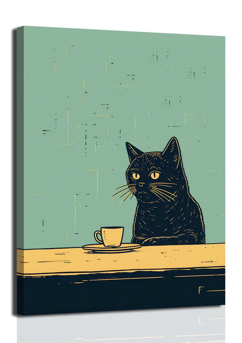 Black Cat Chilling With Coffee Wall Art Funny Cat Kitchen Wall Decor Retro Vintage Quirky Animal Meme Canvas Poster Prints Eclectic Black Cat Drinking Coffee Room Decor Framed 12x16 inch