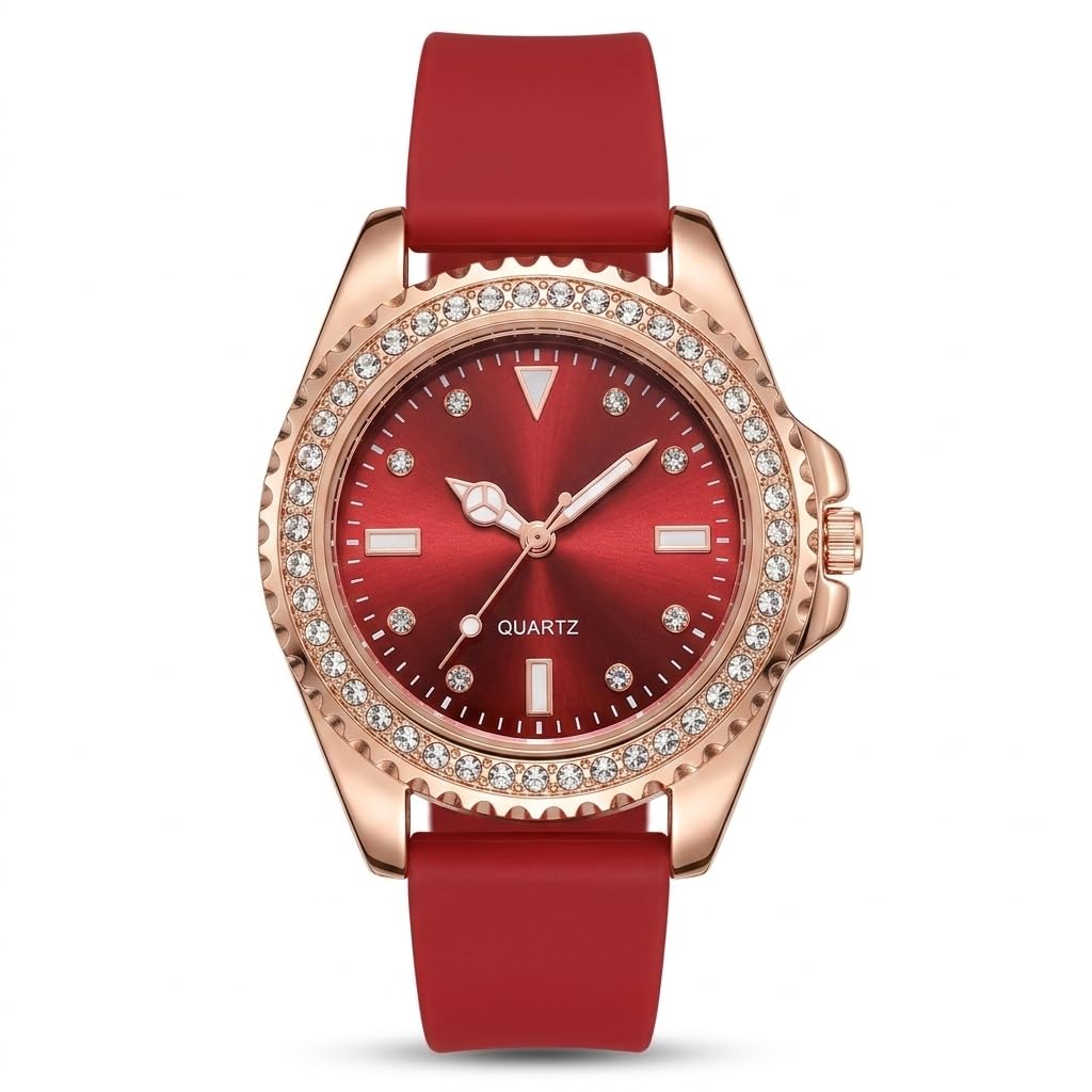 Women's Quartz Watch Rose Gold Bezel Crystal Accented Silicone Strap Luxury Sport Design