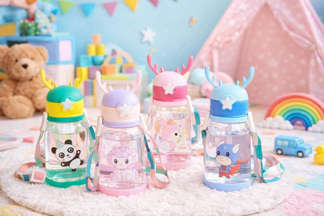 Cartoon Style Water Bottle with Silicone Details, Leakproof BPA Free Reusable Plastic Bottle with Shoulder Strap, Easy to Clean Drinking Bottle 600ml (Pink)