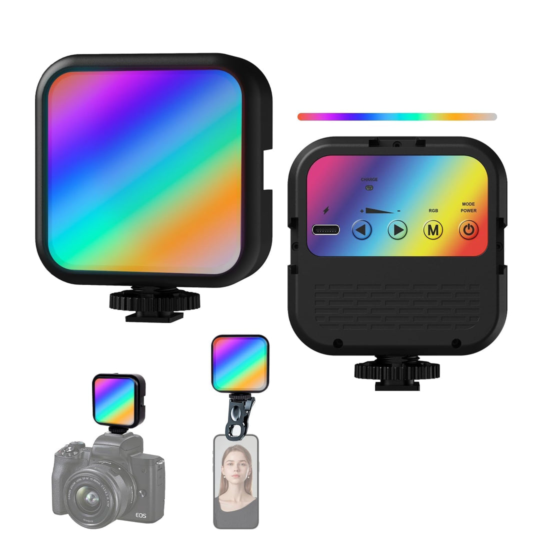 LED Video Light RGB Rechargeable with 4 Cold Shoe Mounts, 360° Full Colour RGB, 20 Scene Modes, CRI 95+, 3000K-7000K, nPhoto Camera Light, Dimmable with 1800 mAh Battery for Product Photography and