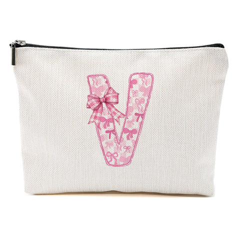 MQBMQB Personalized Initial Letter Makeup Bag, Rose Initial Cosmetic Bag with Zipper Birthday Gifts for Women Girls, Pink bow V, 9.62 * 7.42 Inches, Pink Bow