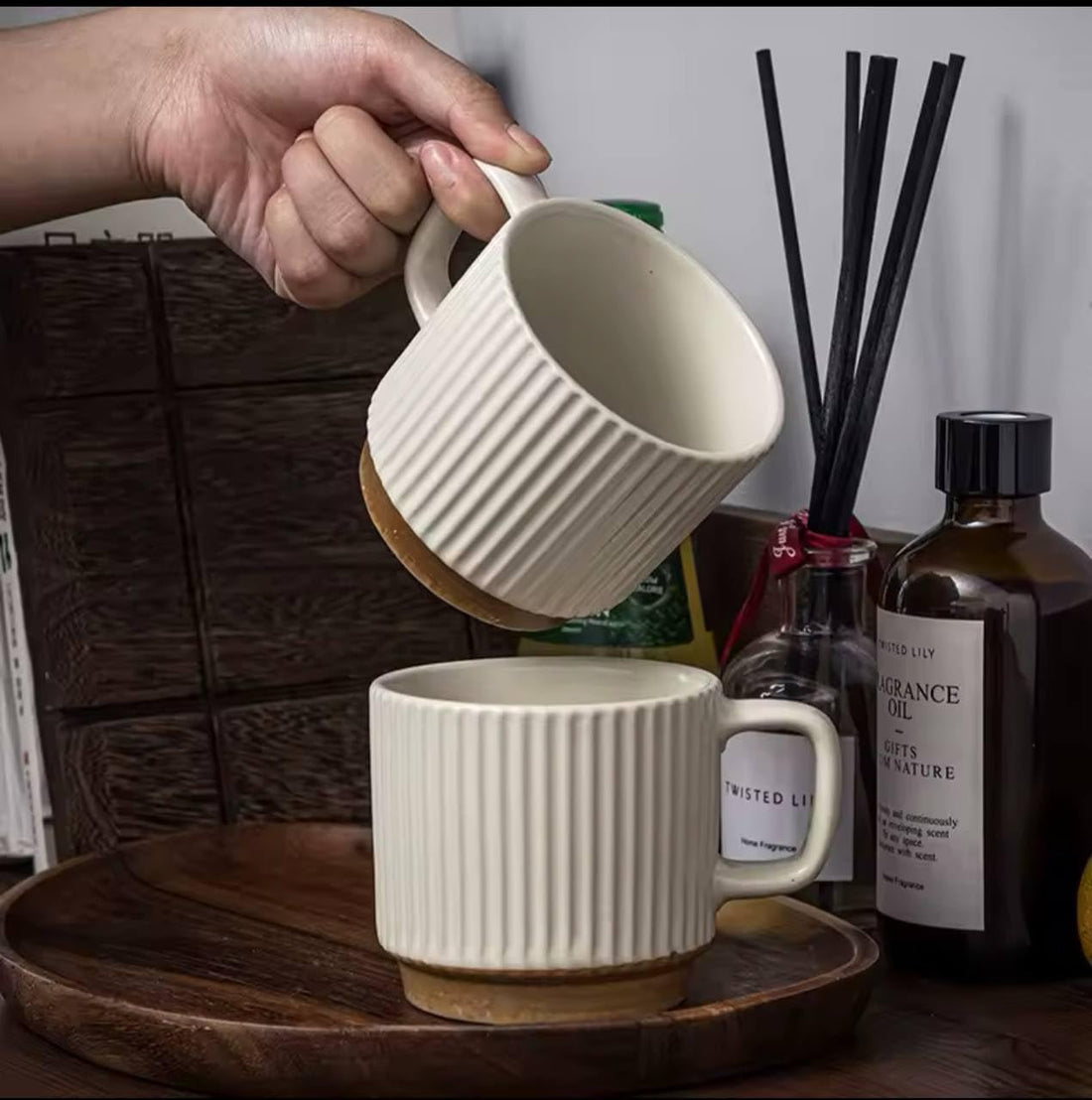 Generic Modern Ceramic Coffee Mugs, Ribbed Design, 260ml Capacity, Set of 4, White .ka