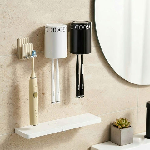 Modern Acrylic Toothbrush Holder with Cup Wall Mounted Bathroom Organizer for Electric Toothbrushes and Paste Sleek Minimalist Design Black or White