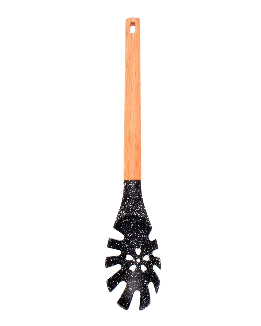 Decorative Pasta Server Spoon with Monstera Leaf Design, Wooden Handle, Black Speckled Pattern