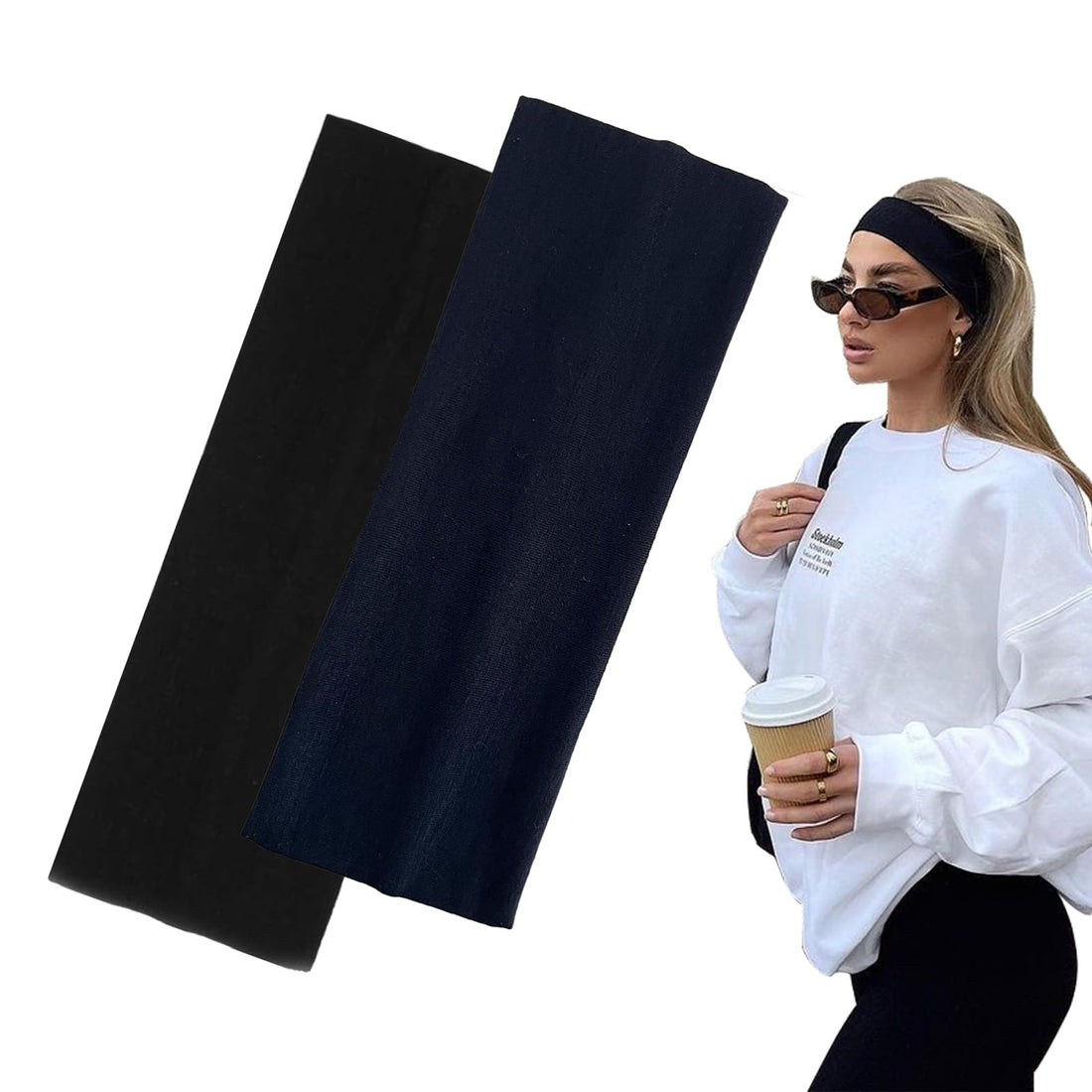 7cm Wide Black Headbands for Women Men, Yedtreg 2pack Fashion Head Bands for Women's Hair, Soft Fabric Stretchy Hair Bands for Makeup, Yoga, Running, Sports