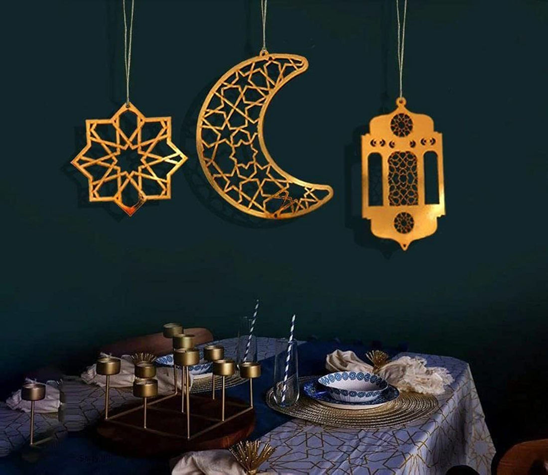 Year Ramadan Pendant Multi Shapes (Crescent and Lantern - Gold)