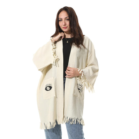 Artistic Linen Kimono with Eye Print, Fringe Hem-1442