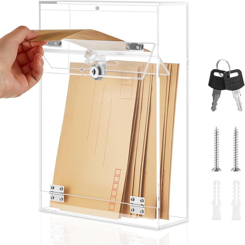 Best Media Large Acrylic Locking Wall Mount Mailbox with Slot and Magnetic Closure, Security Drop Box with Key for House Outside Office School, 21.7 x 7.6 x 31 cm, Clear